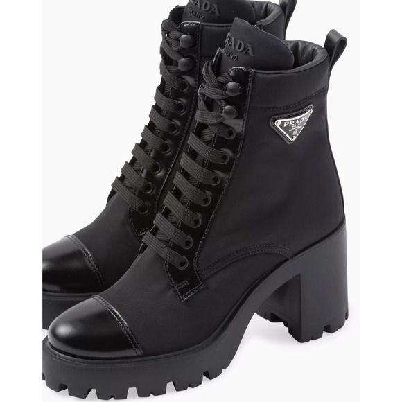 Prada 55MM Logo Lug Sole Platform Black Re-Nylon Leather Ankle Heel Boot 37.5 - Picture 10 of 15